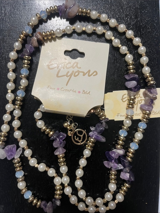 Erica Lyons Jewelry - Erica Lyons faux Pearl, amethyst Chip & Gold Bead Multi-Strand Necklace